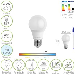 Bombilla Led Estandar Rosca E27. 4.9 Watt. Equivale A 40 Watt. 480 Lumenes. Luz Fria (6500º K.)